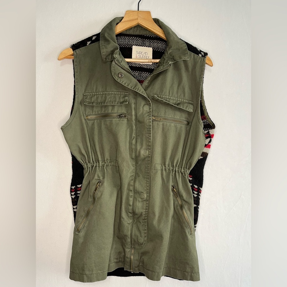 Thread & Supply Women’s Olive Utility Vest Aztec Sweater Back Boho Western Sz S - Picture 2 of 7